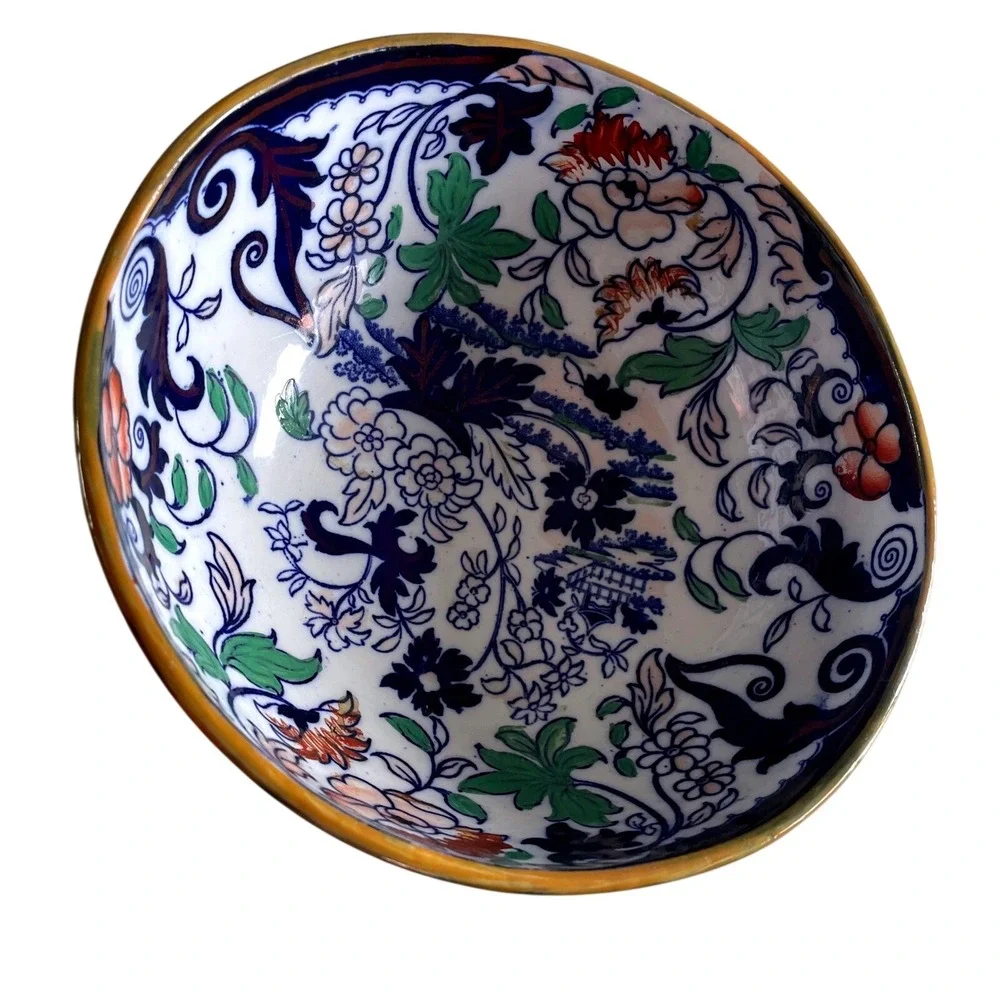 Antique 1800s Amherst Japan Ironstone Pedestal Bowl Imari Inspired Pattern White